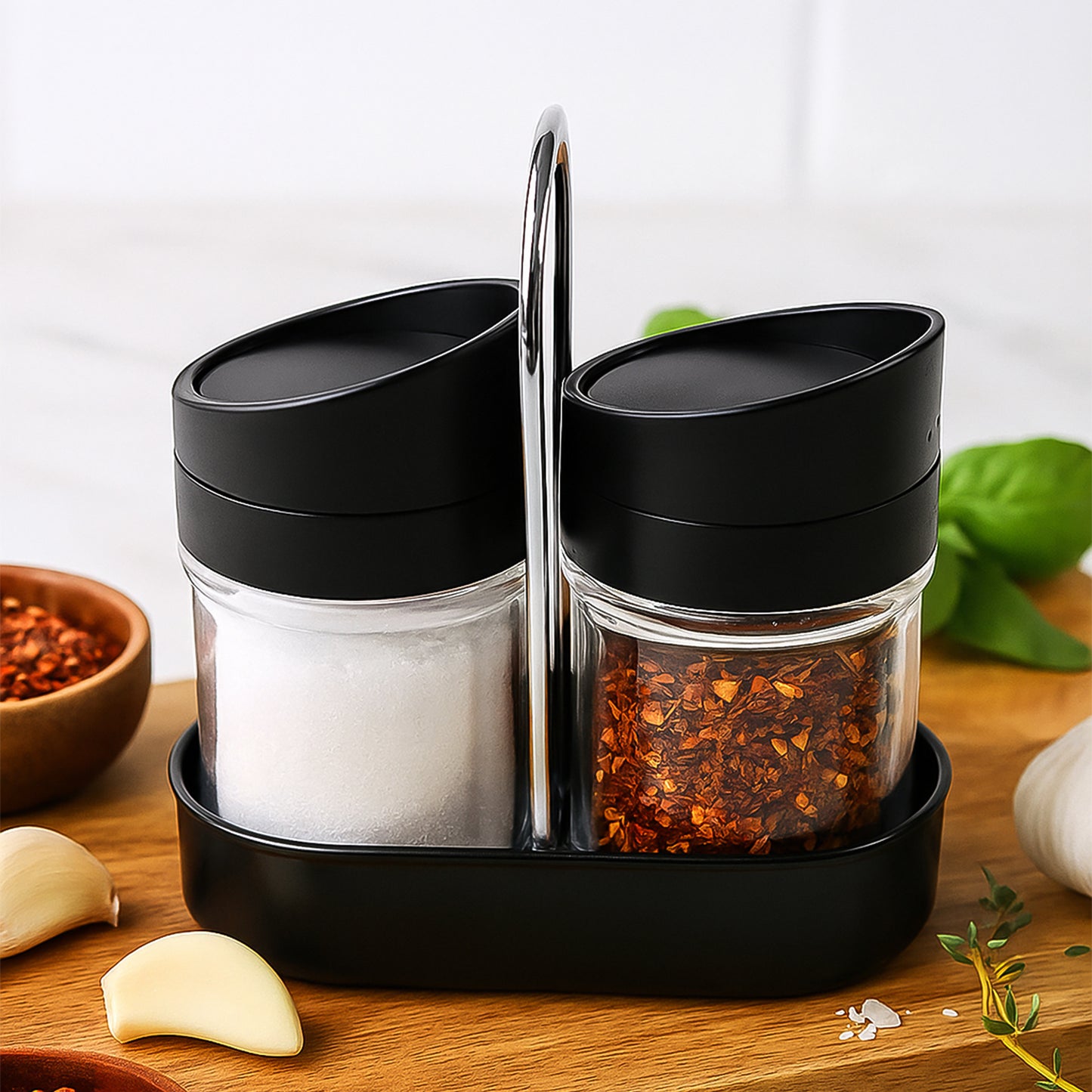 Apexhelix Salt N Pepper 2-Piece Plastic Jar Set With Stand