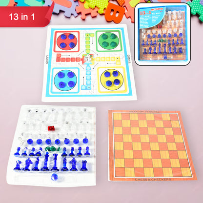 13 In 1 Family Board Game Chess Snakes  Ladders Ludo Tic-Tac-Toe Checkers Travel Bingo Football Space Venture Steeplechase Set For Kids