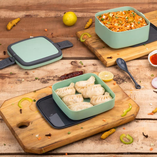 Green Double-Layer Portable Lunch Box Stackable With Carrying Handle And Spoon Lunch Box