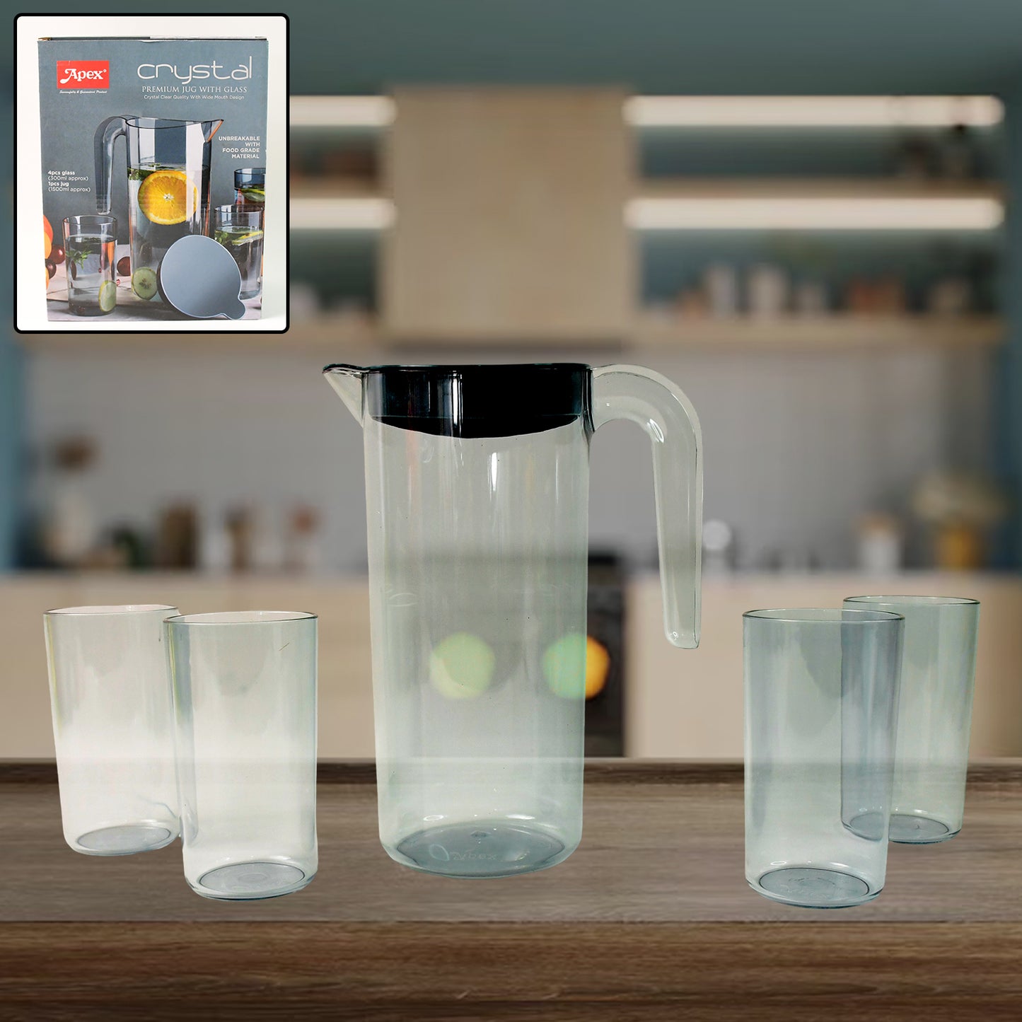 Apexcrystal Premium Jug With Lid  4 Pcs Glass (1500 Ml  300 Ml Approx  5 Pcs Set)