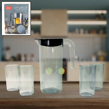 Apexcrystal Premium Jug With Lid  4 Pcs Glass (1500 Ml  300 Ml Approx  5 Pcs Set)