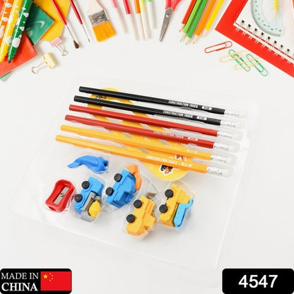 Pencil And Eraser Set Construction Truck Theme Stationery Kit Includes 6 Pencils 4 Erasers 1 Sharpener 1 Ruler Bookmark 1 Pencil Cap Stationary For Birthday Gifts For Kids Birthday Return Gifts (13 Pc Set)