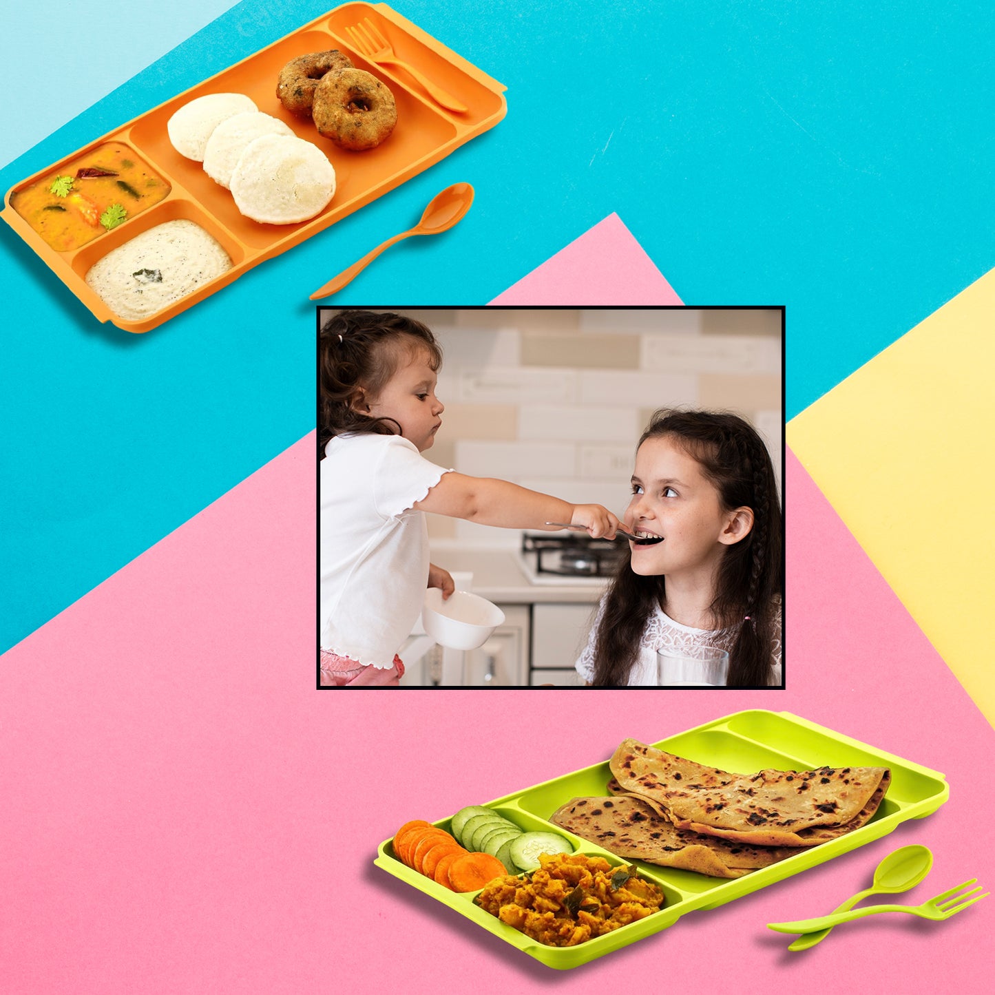 4 Compartment Dish With Spoon And Fork(1 Dish Set With 1Spoon And 1Fork) Dinner Plate Plastic Compartment Plate Pav Bhaji Plate 4-Compartments Divided Plastic Food Plate.