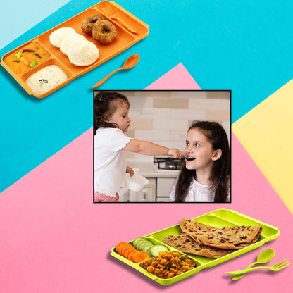 4 Compartment Dish With Spoon And Fork(1 Dish Set With 1Spoon And 1Fork) Dinner Plate Plastic Compartment Plate Pav Bhaji Plate 4-Compartments Divided Plastic Food Plate.