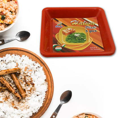 Square Plastic Halwa Dinner Plate Snacks  Breakfast Restaurant Serving Trays Home School Coffee Hotel Kitchen Office (3 Pcs Set)