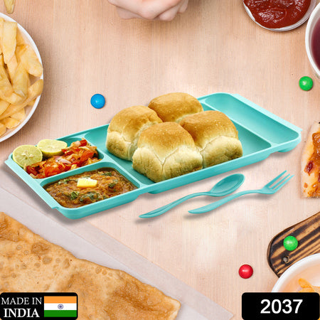 4 Compartment Dish With Spoon And Fork(1 Dish Set With 1Spoon And 1Fork) Dinner Plate Plastic Compartment Plate Pav Bhaji Plate 4-Compartments Divided Plastic Food Plate.