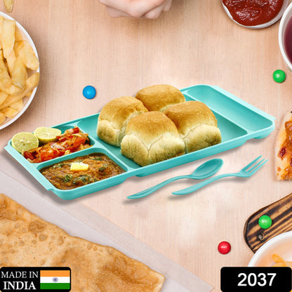 4 Compartment Dish With Spoon And Fork(1 Dish Set With 1Spoon And 1Fork) Dinner Plate Plastic Compartment Plate Pav Bhaji Plate 4-Compartments Divided Plastic Food Plate.