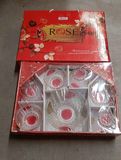 Rose Glass Multipurpose Pudding  Dessert  Ice Cream Bowl Set For Home Use Home  Kitchen Serving Bowl For Sundae Sweets Snacks Fruit Pudding Nuts Or Dip Serving Bowls 6 Medium  1 Big Bowl (Set Of 7 Pc)