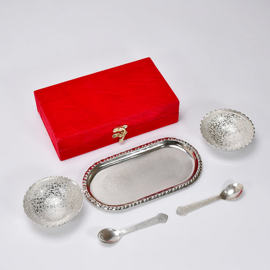 Silver Plated 2 Bowl 2 Spoon Tray Set Brass With Red Velvet Gift Box Serving Dry Fruits Desserts Gift