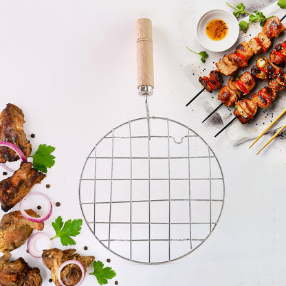 Kitchen Round Stainless Steel Roaster Papad Jali Barbecue Grill With Wooden Handle