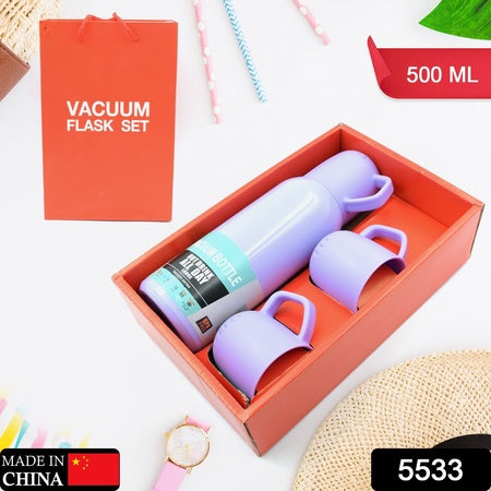 Vacuum Flask Set Stainless Steel Thermos With 3 Cup Creative Gift Set With Cover Handle Portable Car Water Bottle Set (Approx 500Ml)