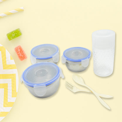 6In1 Tiffin Box-Lunch Box  3 Stainless Steel Containers  Plastic Lid Box  Spoon  Fork Plastic Bottle  Insulated Fabric Bag  Leak Proof  Microwave Safe  For Office College And School For Men Women (6 Pcs)