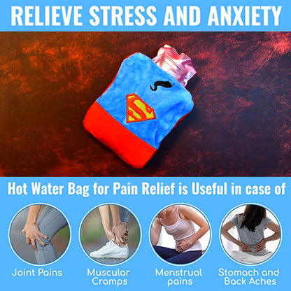 Superman Print Small Hot Water Bag With Cover For Pain Relief Neck Shoulder Pain And Hand Feet Warmer Menstrual Cramps.