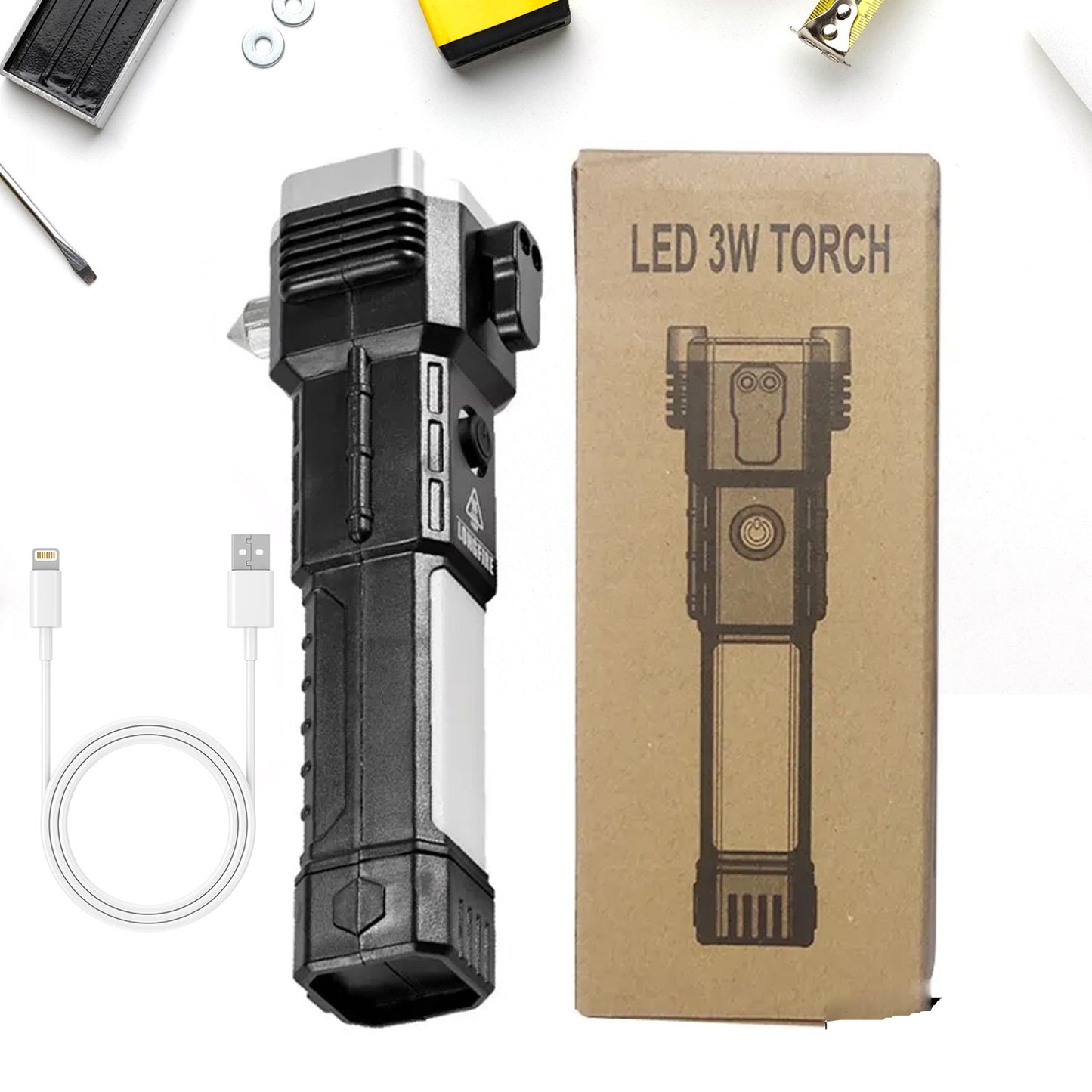 Portable 3W Rechargeable Torch Led Flashlight Long Distance Beam Range Hammer And Strong Magnets Window Glass And Seat Belt Cutter 4 Modes For Car Camping Hiking Indoor Outdoor