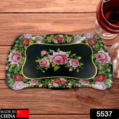 Stainless Steel Serving Tray With Flower Printed Rectangle Premium Dining Table Plate (18 X 8.5 Inch  1 Pc)