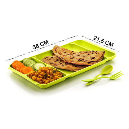 4 Compartment Dish With Spoon And Fork(1 Dish Set With 1Spoon And 1Fork) Dinner Plate Plastic Compartment Plate Pav Bhaji Plate 4-Compartments Divided Plastic Food Plate.