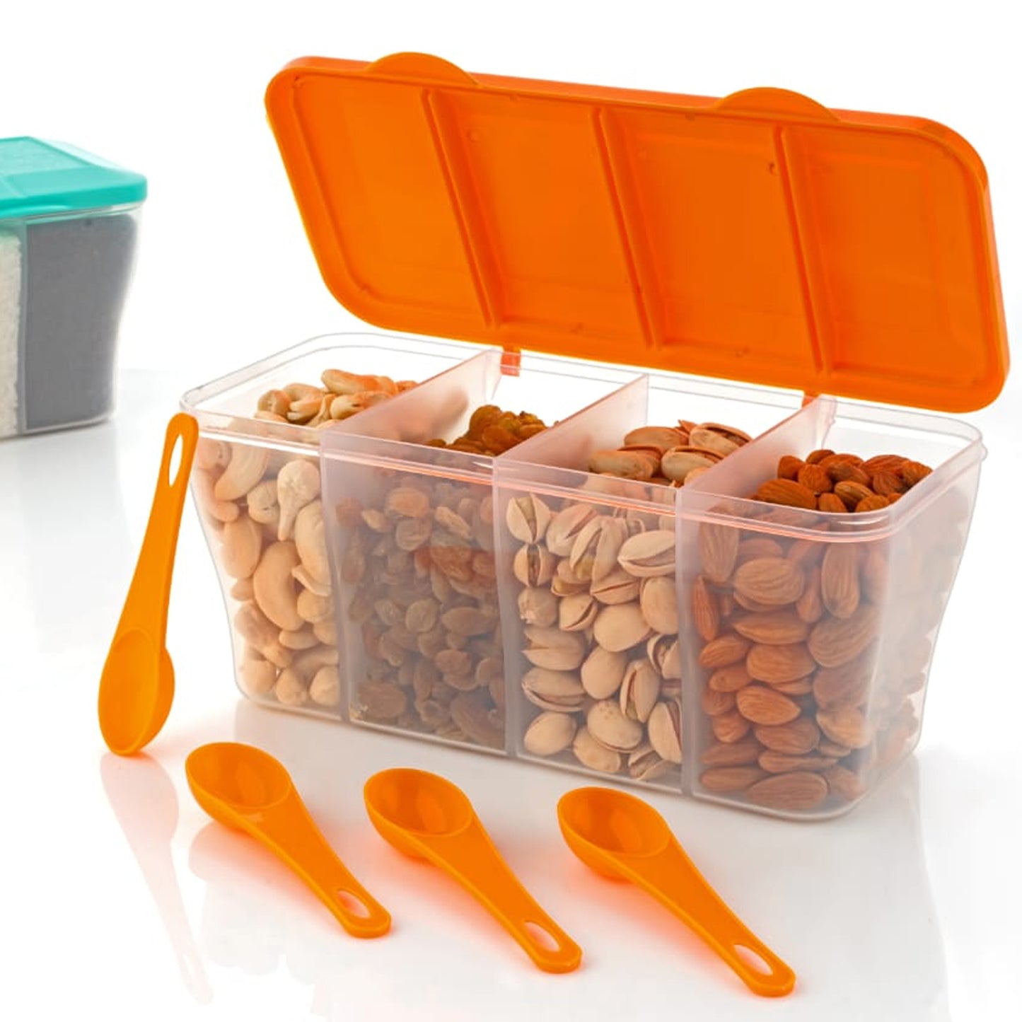 Kitchen Multipurpose Air-Tight 4 Sections Storage Containers  Pickle (Achar) Jar With 4 Spoon For Each Section (1 Pc  Mix Color)