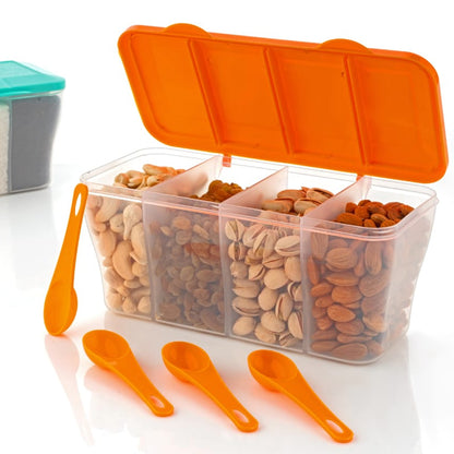 Kitchen Multipurpose Air-Tight 4 Sections Storage Containers  Pickle (Achar) Jar With 4 Spoon For Each Section (1 Pc  Mix Color)