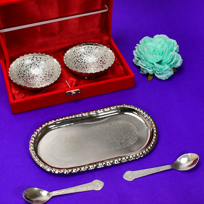 Silver Plated 2 Bowl 2 Spoon Tray Set Brass With Red Velvet Gift Box Serving Dry Fruits Desserts Gift