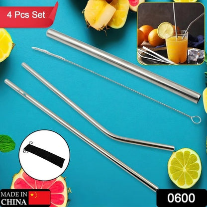 Reusable Stainless Steel Straws With Travel Case Cleaning Brush Eco Friendly Extra Long Metal Straws Drinking Set Of 4 (2 Straight Straws 1 Bent Straws 1 Brush)