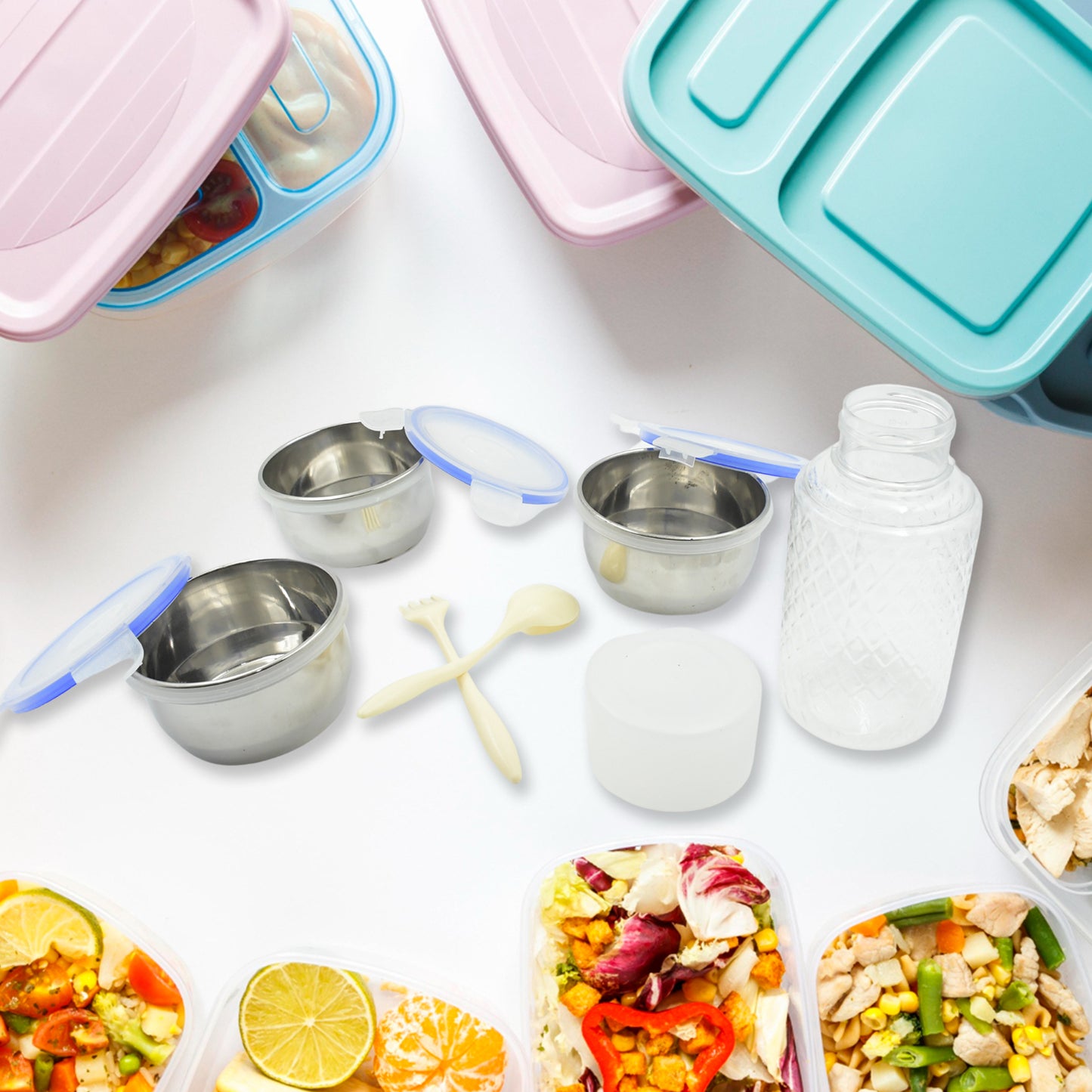 6In1 Tiffin Box-Lunch Box  3 Stainless Steel Containers  Plastic Lid Box  Spoon  Fork Plastic Bottle  Insulated Fabric Bag  Leak Proof  Microwave Safe  For Office College And School For Men Women (6 Pcs)