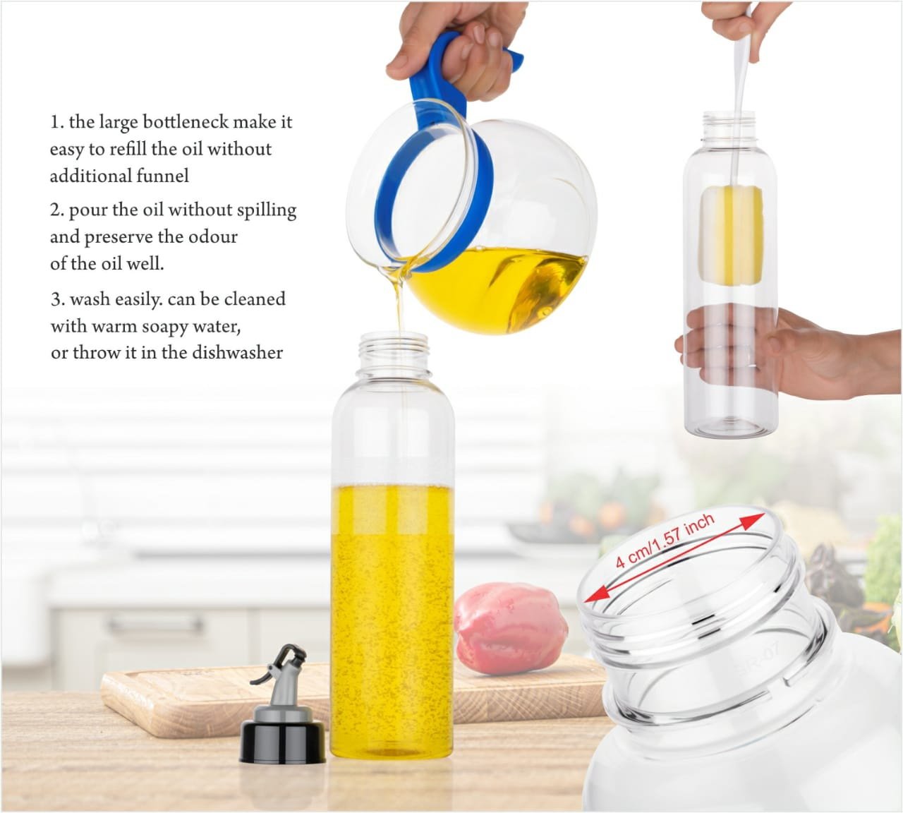 1Ltr Oil Dispenserwith Lid - Clear Drip Free Spout Controlled Use