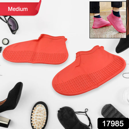 Non-Slip Silicone Rain Reusable Anti Skid Waterproof Fordable Boot Shoe Cover (Medium Size  1 Pair  Red)