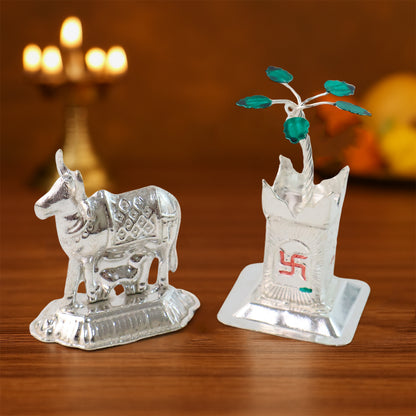 Silver-Plated Kamdhenu Cow  Tulsi Plant Pair  Pooja  Home Dcor