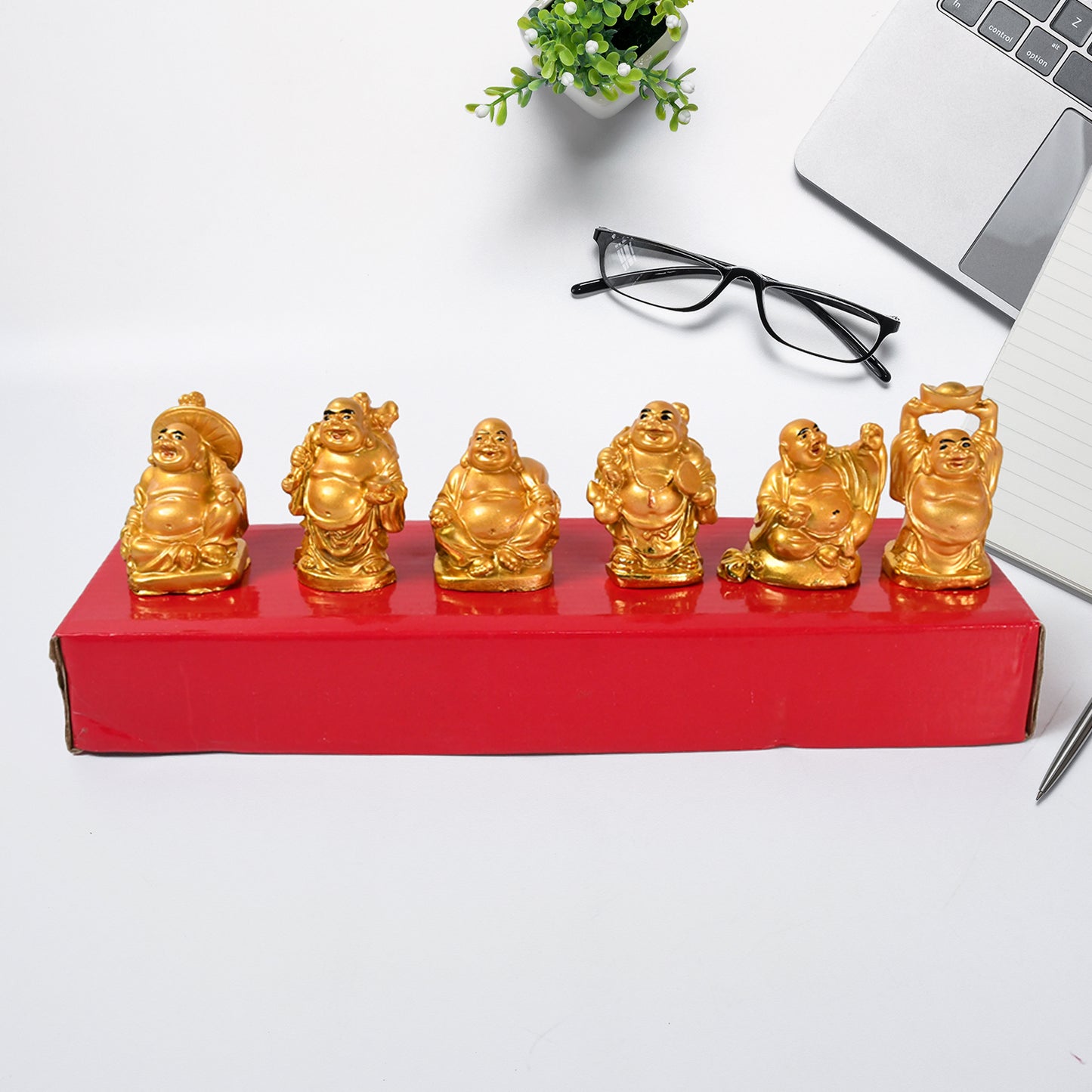 Golden Laughing Buddha Set Of Six Pieces Statue For Happiness Wealth  Good Luck Decor For Wealth And Success (6 Pcs Set)