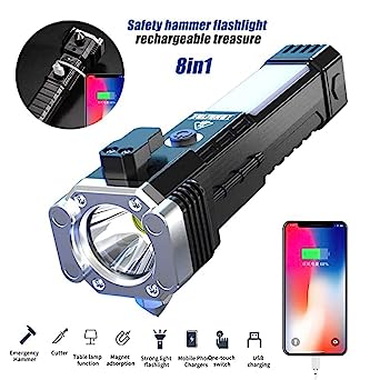 Portable 3W Rechargeable Torch Led Flashlight Long Distance Beam Range Hammer And Strong Magnets Window Glass And Seat Belt Cutter 4 Modes For Car Camping Hiking Indoor Outdoor