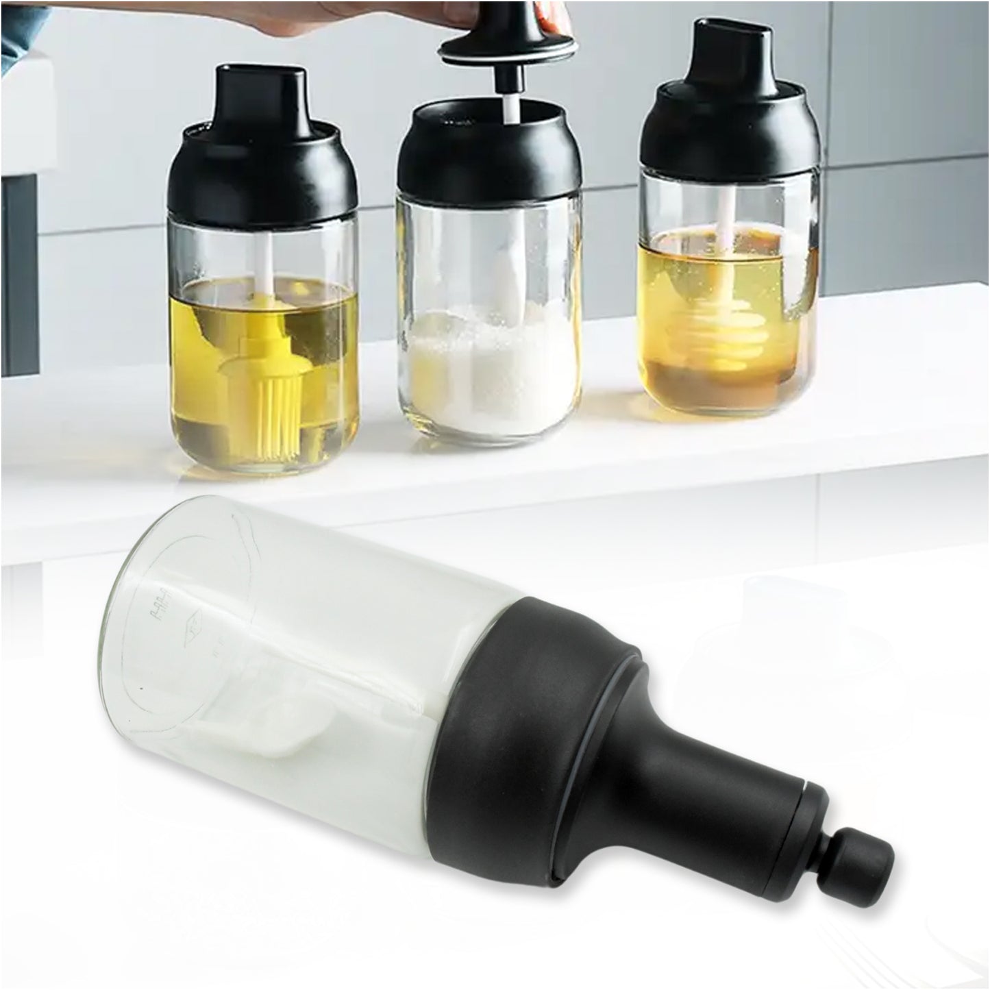 Heat-Resistant Condiment Container Seasoning Box Glass Condiment Canisters Pots Bottle With Serving Spoons For Salt Spice Honey Sugar Bbq Resturant Jar Oil Bottle Honey Jar Dispenser Airtight Cap Transparent (1 Pc)