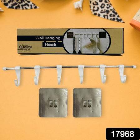 Stainless Steel Utensil Hanger Rail Nail Free Wall Mount With 2 Magic Stickers  6 Plastic Hooks For Kitchen