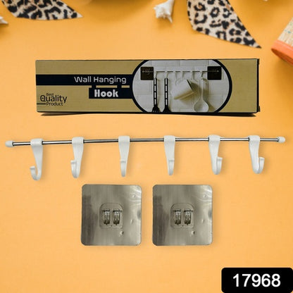 Stainless Steel Utensil Hanger Rail Nail Free Wall Mount With 2 Magic Stickers  6 Plastic Hooks For Kitchen